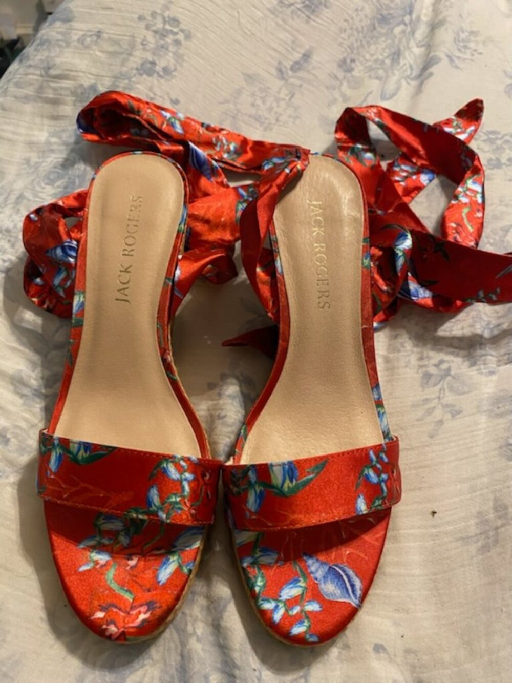 Jack Rogers satin tie wedge shoes